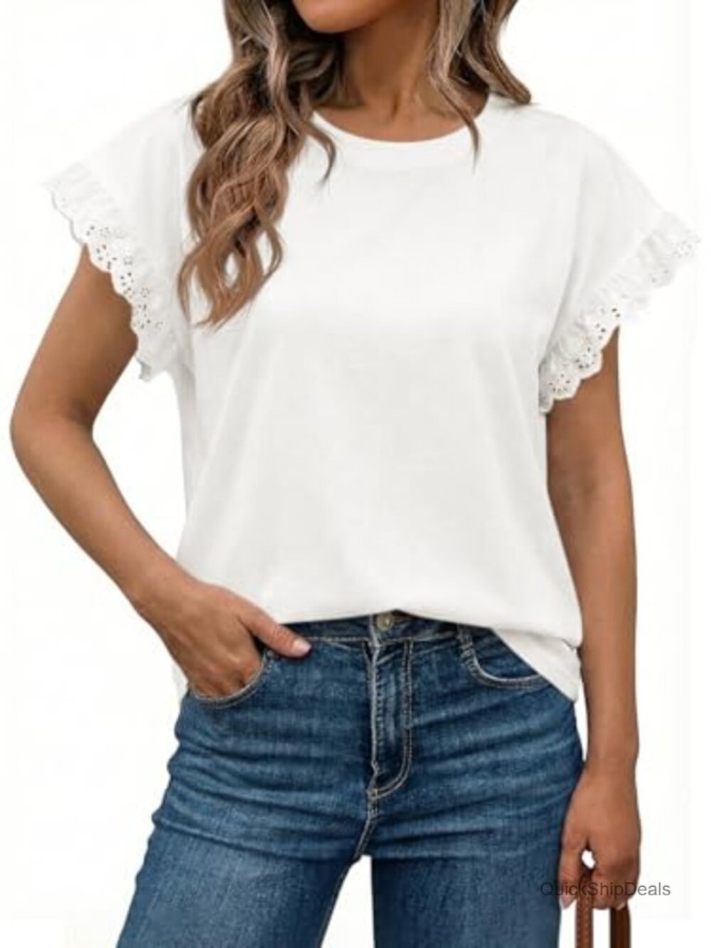 Lace Cap Sleeve Crewneck T-Shirt Ruffle Trim Loose Flowy Blouse